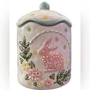 POLKA DOT EASTER CANISTER W/3D BUNNY RABBIT & FLOWERS. WAVY LID.PINK BLUE GREEN